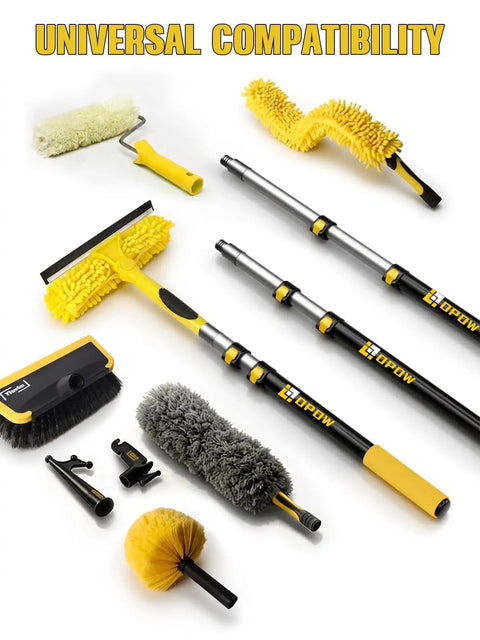 Heavy-Duty Commercial Extension Pole Delivers 4.5 To 18 Ft Reach For True Two-Story Access with various cleaning attachments.