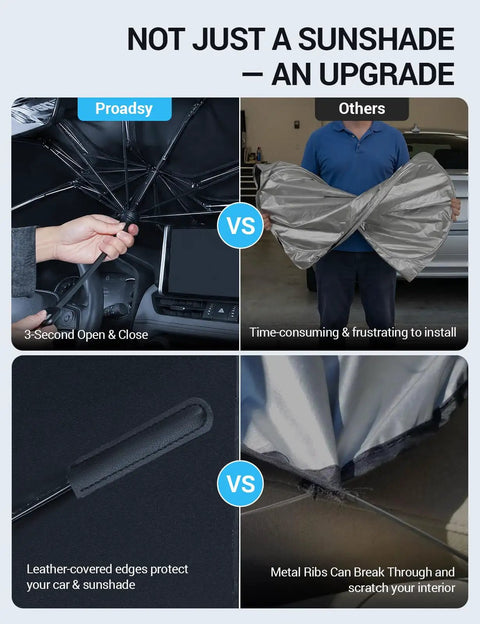 Custom Fit Windshield Sun Shade Umbrella For Honda Odyssey 2018 Through 2026 showing Proadsy design vs others, highlighting easy setup and leather edges.
