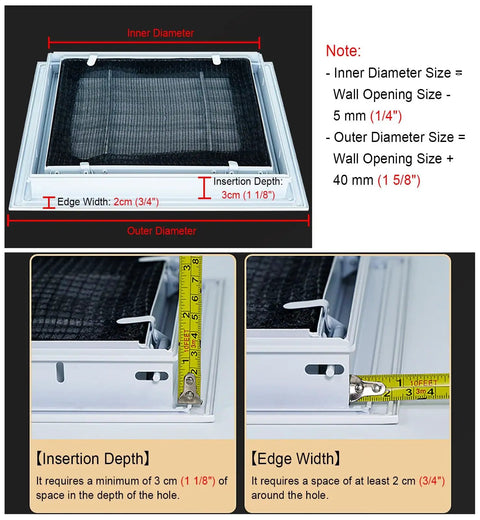 Universal Aluminum Access Panel With Smooth Shutter Vent For Drywall Or Ceiling Mount Featuring Nifty Pull Switch Operation measurements showing inner and outer diameter.