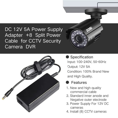 12V 5A AC Power Adapter for Security Cameras CCTV DVR Surveillance System with Splitter Cable in use