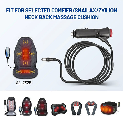 Ready To Roll 12 Volt Car Charger Adapter With Extra Long Power Cord Cable For Snailax Comfier Back Massage Cushion, 6.5ft cable.