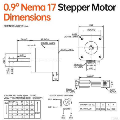 YEJMKJ 0.9° NEMA 17 stepper motor schematic with 42x48mm body, 4-lead connector and mounting holes.