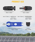 12 Pcs Solar Panel Connectors Set With Spanners For 10AWG Wire showing connector sizes and blue spanner dimensions