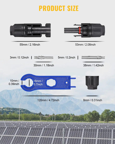 12 Pcs Solar Panel Connectors Set With Spanners For 10AWG Wire showing connector sizes and blue spanner dimensions