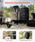 Electric trailer jack installed on black trailer tongue; 5000 lb capacity, 2-way connector, weatherproof cover.