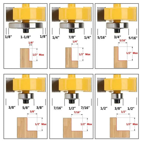 Heavy Hitter Rabbet Router Bit Set With Six Precision Cnc Woodworking Cutters showing various depth settings and applications for routing edges.