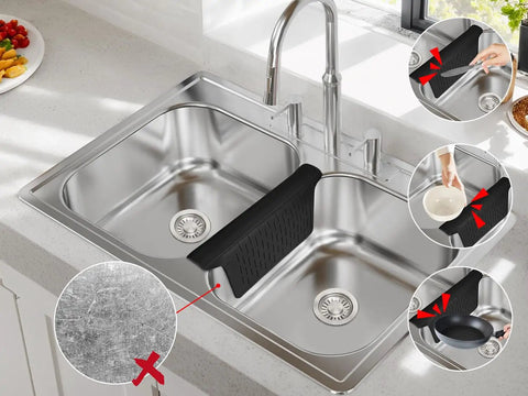 Ultra Soft Silicone Sink Mat Protector For Sink Dividers No Smell Never Stain No Fuss Dishware Friendly Scrub Ready Keeps Bowls Pans From Scratching The Sink Divider Silicone Shield 12.83 By 11.1 Inches in use on silver double sink.