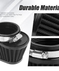 51mm 2 Inch Clip On Motorcycle Air Filter Black Mushroom Head Intake Filter For Moto, Cars And Mini Bikes Easy Snap On Install Cold Air Performance Boost, showing durable material and close-up details of the filter and clamp.