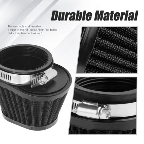 51mm 2 Inch Clip On Motorcycle Air Filter Black Mushroom Head Intake Filter For Moto, Cars And Mini Bikes Easy Snap On Install Cold Air Performance Boost, showing durable material and close-up details of the filter and clamp.