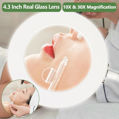10X And 30X Floor Magnifier With Light For Close Work Pro Grade Standing Magnifying Lamp showing esthetician using gooseneck LED.