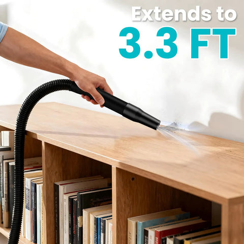 Cordless Handheld Vacuum Cleaner With 500W Motor, 5 In 1 Lightweight Powerhouse used on wooden shelf, extends to 3.3 ft