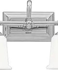Front view of Two Light Polished Chrome Vanity Light 15 Inch Sleek Mid Century Modern Wall Mount Fixture With Opal Etched Frosted Glass Over Mirror