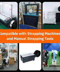 Heavy Duty Polypropylene Strapping Roll Six Thousand Feet Half Inch Wide Point Zero Three Thick Three Hundred Pound Break Strength Standard Core with machines.