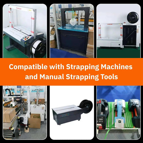 Heavy Duty Polypropylene Strapping Roll Six Thousand Feet Half Inch Wide Point Zero Three Thick Three Hundred Pound Break Strength Standard Core with machines.