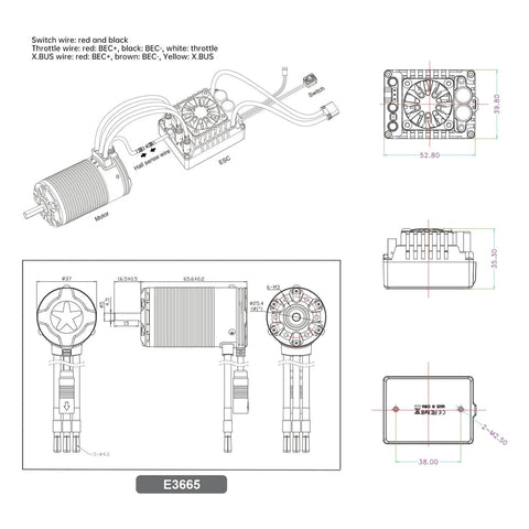 Diagram of Sensored Brushless Motor And ESC Combo For RC Car With Beefy Power, Two To Four S LiPo, IP67 Waterproof, 3300KV Motor With E10 ESC, XT60 Connector.