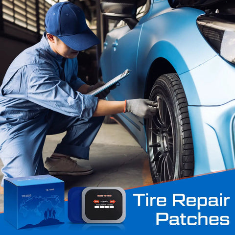 Mechanic using 40 Piece Heavy Duty Tire Patch Kit With Rubber Patches For Cars Trucks Buses And More Radial Repair Patches