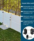 Heavy Duty Double Gate Hardware Kit For Outdoor Vinyl Fences Featuring Knockout Locking Latch shown on installed fence with key alike latches.