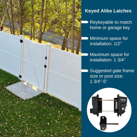 Heavy Duty Double Gate Hardware Kit For Outdoor Vinyl Fences Featuring Knockout Locking Latch shown on installed fence with key alike latches.