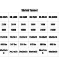 Shrink tunnel specifications chart displaying models, electric requirements, power, weight, and dimensions for L Bar Sealer.