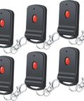 Image showing six black garage door opener remotes with red buttons and metal key clips. Six Pack Garage Door Opener Remotes Portable Transmitters With 10 Dip Switches Compatible With 3060 3089 4120 300MHz Easy Set Up For Home Use Share With Family Durable Light Weight Plastic Construction.