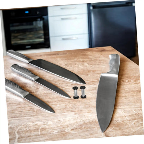 Boss Grade Stainless Steel Knife Handle Screws With Locking Spindle Pins Two Pack Dead Tight Hardware Fresh Finish For Custom Blades Super Install on wooden countertop with kitchen knives.