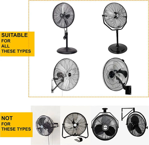 Image showing compatible and incompatible fan types for Tough As Nails Heavy Duty Fan Cover For Outdoor Patios Sheds Rain Snow Shielding 24 Inch Pedestal Wall Industrial Fans With Weather Resistant Steel Mesh Guard.
