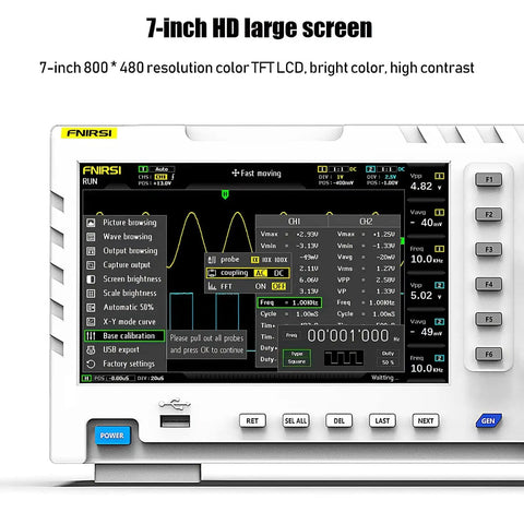 Display of Two Channel 100MHz DDS Oscilloscope And Signal Generator Combo With 1GSa Sampling Rate, featuring 7-inch HD screen.
