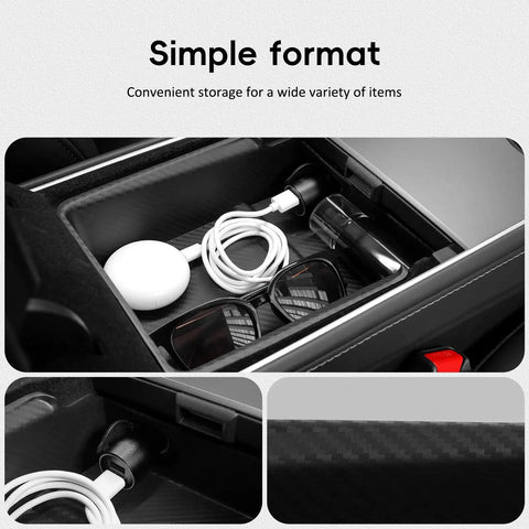 Tesla Model Y And Model 3 Center Console Organizer Tray With Carbon Fiber Main Tray And Hidden Storage, showing organized cables and items.