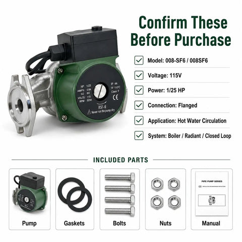 Badgeass Heavy Duty Hot Water Circulator Pump Compatible With 008 Sf6 Models For Hydronic Heating Systems stainless steel design and included parts shown.