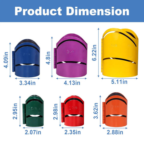 Magnetic Pipe Cutting Guide Kit for On Site Use Heavy Duty Steel Saddle Templates 6 Piece Set showing dimensions of each piece.