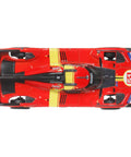 Top view of Premium Car Culture 1:64 Die-Cast Ferrari 499P Collectible with Real Riders tires, metal body, AF Corse livery.