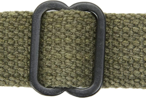Close-up of Pack Of 2 WWII M1 Carbine Web Sling 1 Inch OD Green Canvas Rifle Sling with black buckle detail.
