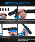 Operational steps for Heavy-Duty Pneumatic Rivet Gun Air Pop Riveter Kit shown with nozzle installation and rivet placement.