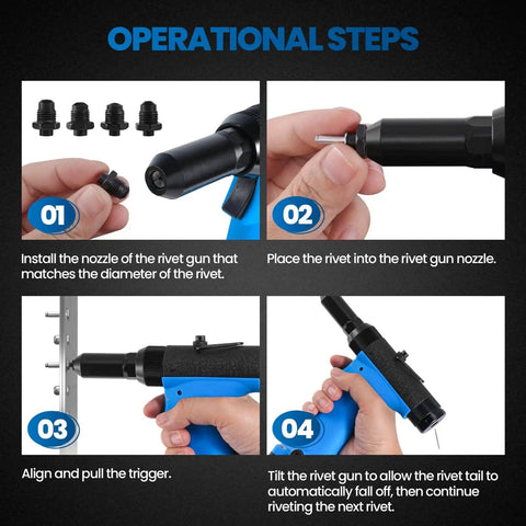 Operational steps for Heavy-Duty Pneumatic Rivet Gun Air Pop Riveter Kit shown with nozzle installation and rivet placement.