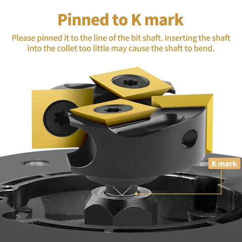 Close-up of slab flattening router bit with two plus two carbide inserts, 1/4 inch shank, 1-3/8 inch cutting diameter, TiN coating.