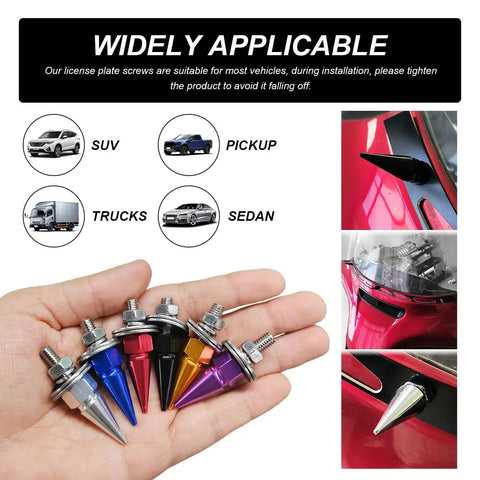 Kickass Anti Theft Spike License Plate Screws With Heavy Duty Aluminum Bolts for Cars Trucks And Motorcycles shown in hand.