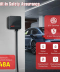 Level 2 EV Charger 11.5 kW 48A Hardwired Home Charging Station With Smart WiFi App Control in a garage, safety features highlighted