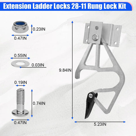 Extension Ladder Lock Kit For 28-11 Rungs, Compatible With 24 To 32 Ft Aluminum And Fiberglass Ladders, No-Fuss Easy Install Rung Locks, Durable Heavy-Duty Locking System For Safer Heights And Quick, Reliable Setups. ladder lock kit with hardware and dimensions