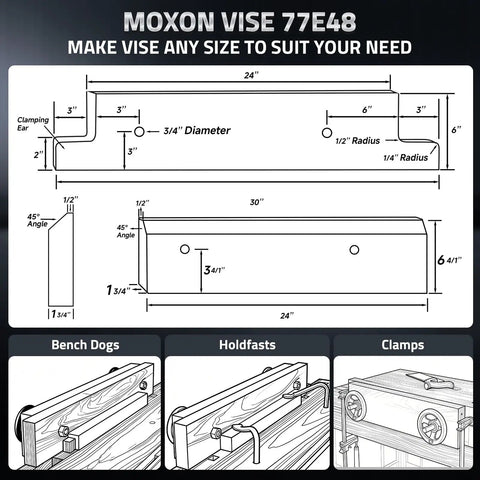 Diagram and images of Moxon Vise Hardware Kit With Acme Threaded Rod System For Rapid Clamping And Smooth Operation