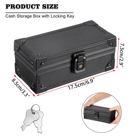 Lockable Cash Box With Key Aluminum Alloy Money Organizer for home and office, 6.9x3.3x2.9 inches, black with key