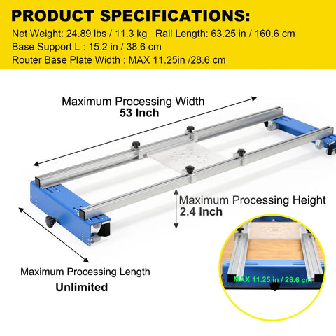 Portable Adjustable Router Sled for Wood Slabs Up to 53 Inches Wide and 2.4 Inches Thick, specifications view.