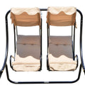 Double Seat Outdoor Patio Swing With Removable Canopy And Cup Holders, beige swing with metal frame and two seats