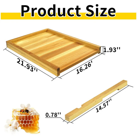 Dimensions of 10 Frame Beehive Bottom Board with Entrance Reducer for Langstroth Hives, solid pine, ventilated design, wax dip coating.