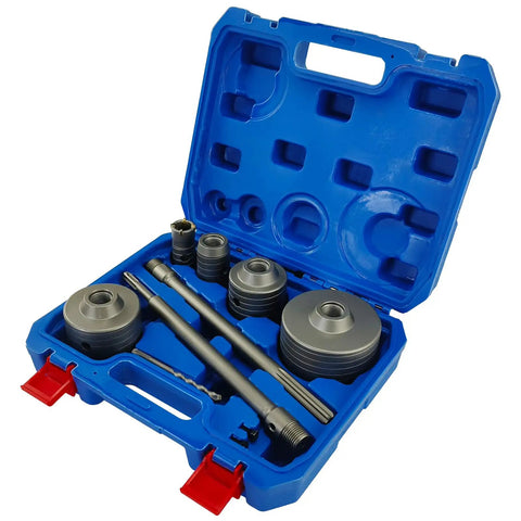 9 Piece Tough As Nails Sds Plus Concrete Hole Saw Kit With Premium Tungsten Carbide Tips For Clean Fast Drilling Through Brick Stone And Masonry Walls in blue case.