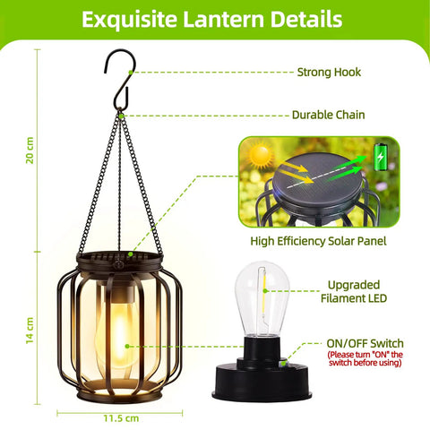 Outdoor Solar Lanterns Pack Of 4 Waterproof Metal Hanging Lights With Hooks showing design details, including solar panel and LED bulb.