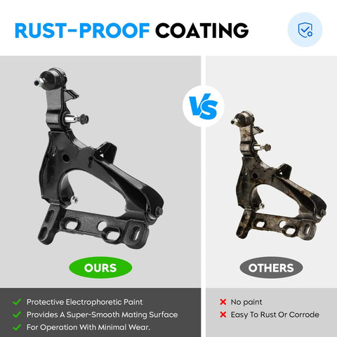 Comparison of rust-proof vs. standard front lower control arm with ball joint replacement kit for GM SUVs 2004-2007.