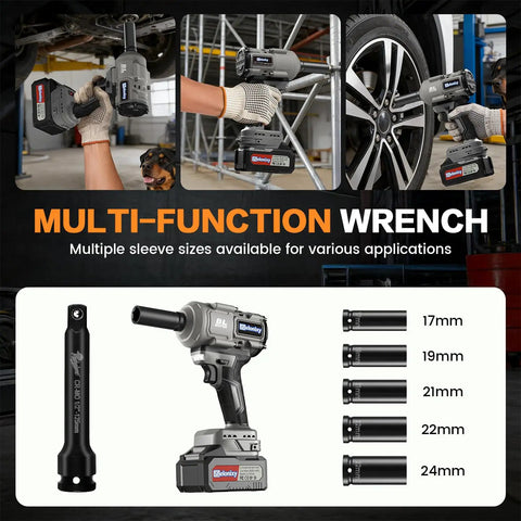 1/2 Inch Brushless Cordless Impact Wrench Packs Badass 1700Nm High Torque with multiple socket sizes for various applications.