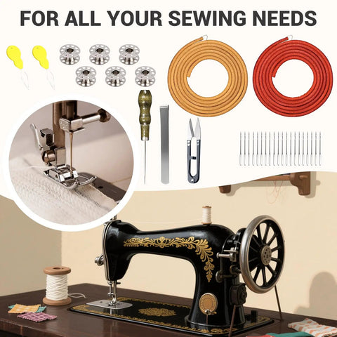 2 Pack Leather Treadle Sewing Machine Belts, 72 Inch Long, Three Sixteenth Inch Wide With Hooks - All-In-One 31-Piece Replacement Kit For Vintage Singer And Jones Machines, Includes Bobbins, Needles, Threaders, Scissors, Hemming Clips, shown with sewing machine and accessories