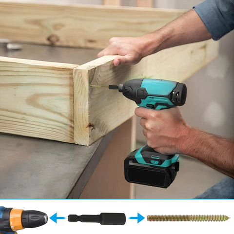 Person using Knockout 1/4-20 X 3 Inch Hanger Bolts 20-Pack With Drive Bit to join wooden pieces.