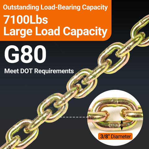 Three Eighths Inch Grade 80 Heavy Duty Binder Chain With Grab Hooks Ten Foot Long 7,100 Lbs Safe Working Load Tow Chain